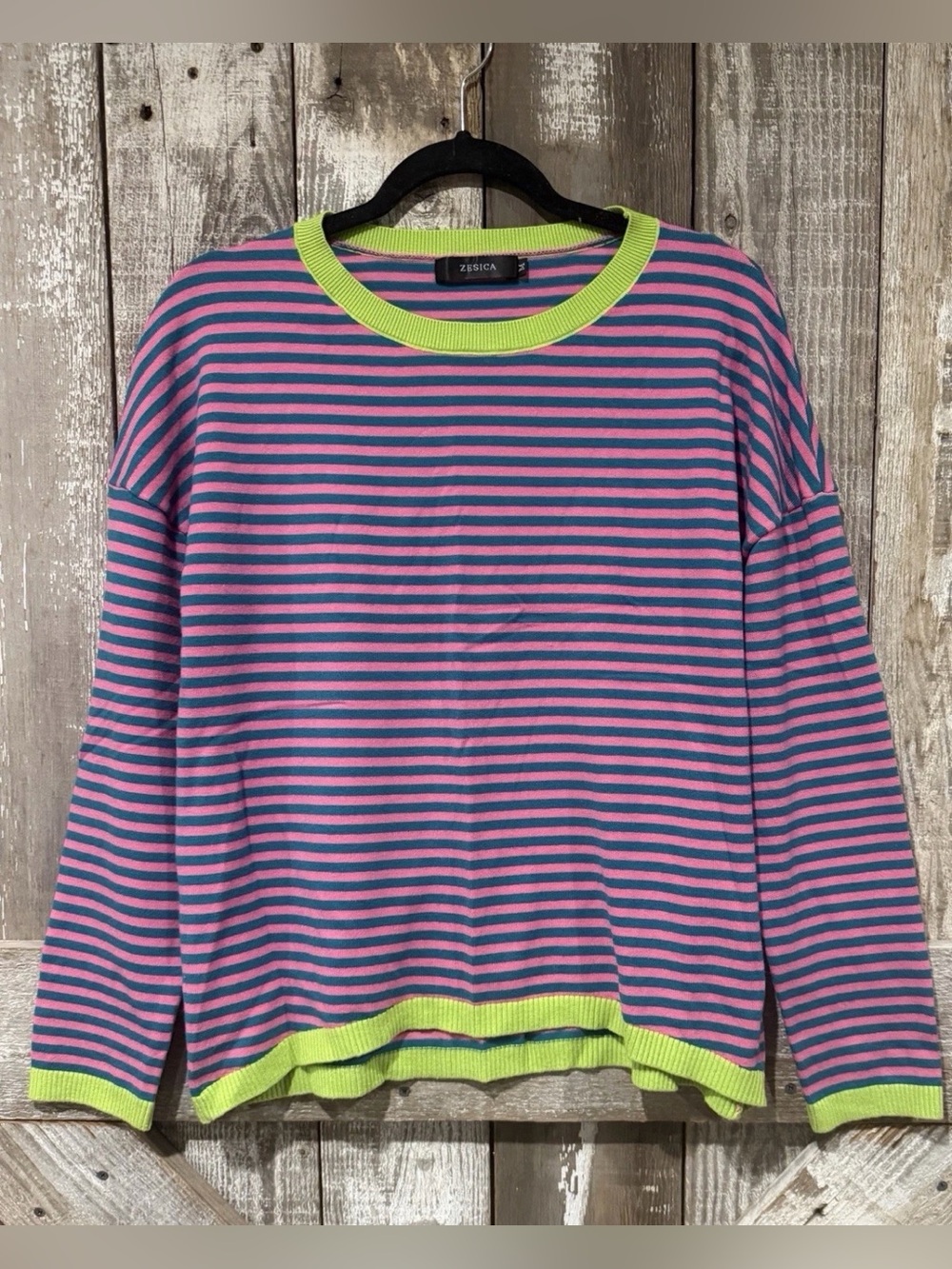 Zesica Pink & Blue Striped Crewneck Sweater with Neon Green Trim